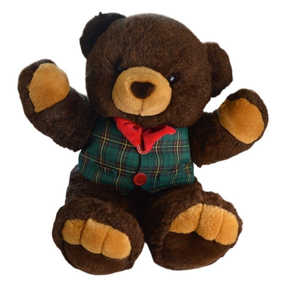 Vintage 90s JCPenney Collection Holiday Teddy Bear With Plaid Vest & Red Bow Tie